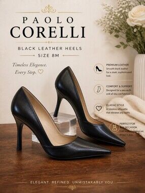 PAOLO CORELLI Black Leather Women's Heels 8M